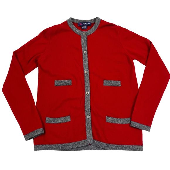 El Daws 2 ply Cashmere Cardigan Sweater Button Front Stacked Pockets Red Gray, S - Picture 1 of 8